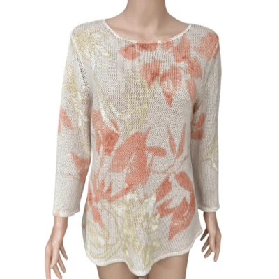 Chico's Peach Fauna cálido suéter floral tejido abierto mezcla lino talla M Foto 1 de 4