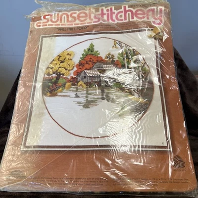 1978 FALL MILL POND Crewel Embroidery Kit ~ SUNSET STITCHERY ~ 16x16 #2473 - Image 1 of 2