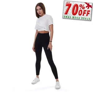Lookus Zelal High Waisted Womens Ribbed Stretchy Leggings Casual Pants Black - Picture 1 of 2