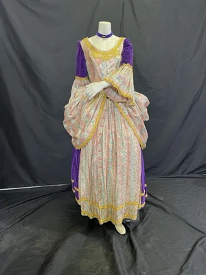 Vestido de disfraz barroco. Terciopelo morado, brocado dorado rosa y azul con ribete dorado. Foto 1 de 4
