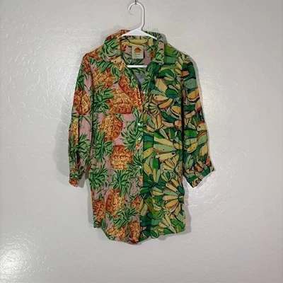 Farm Rio Romper Womens XS Linen Tropical Banana Pineapple Print Summer Vacation - Image 1 of 4