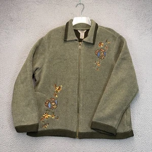 Teddi Fleece Jacket Womens Large Green Full Zip Fall Floral Embroidered Vintage - Picture 1 of 10