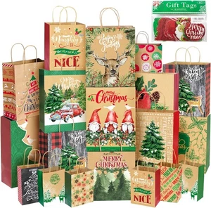 Party Funny 24 Kraft Christmas Gift Paper Bags Bulk with handles and 60 Count Ch - Picture 1 of 6