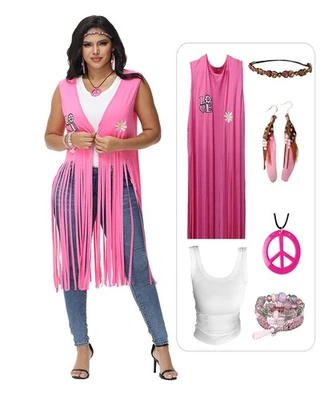 Women's 60s 70s Hippie Clothes Outfits Halloween Costume Fringe Vest Set - Image 1 of 4