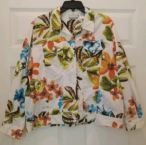 Alfred Dunner Sz 14P White Multi Floral Denim Jacket Button Closure  - Picture 1 of 12