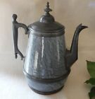Antique Grey Graniteware Enamelware Teapot Pewter-Trim 10" w/ Finial Top EUC/VGC