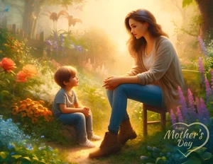 Postal del Día de la Madre Tierno Momento Jardín con Niño - Regalo para Mamá 5.5x4.25" - Imagen 1 de 2