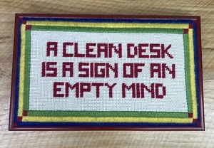 Vtg Completed Needlepoint "A Clean Desk" Messy Office Decor Wall Hanging Framed - Picture 1 of 6