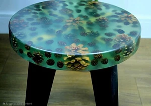 Resin Epoxy Stool with Green Pinecone Design – Custom-made Wooden Accent Chair - Picture 1 of 6