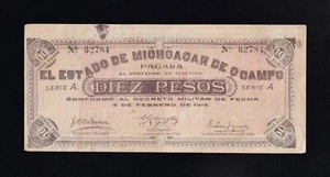F.C. MEJICO MEXICO , MICHOACAN , 10 PESOS 1915 , EBC- (VF+) , MANCHADO , P.S883 - Picture 1 of 2