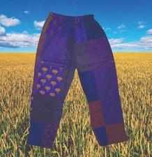 Boho Hippie Pants, Summer Cotton Blue Harem Pants, Floral Pants, Handmade S/M