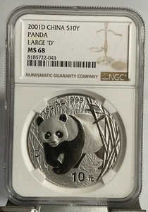 China 2001 D 1oz Silver Panda Coin, NGC MS68 - Picture 1 of 2