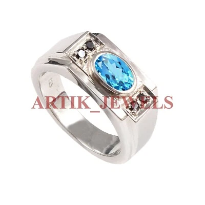 Blue Topaz & Spinel Gemstone With 14K White Gold Plated Silver Men's Ring #2734 - Image 1 of 4
