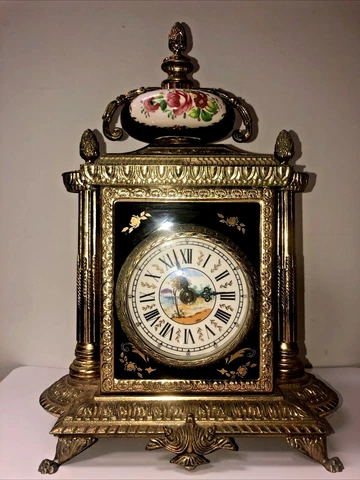Vintage Cobalt Blue Porcelain Hand Painted Table Clock H: 12 3/4” Excellent Work Cover