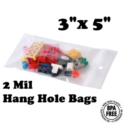 3" x 5" Zip Seal Reclosable 2Mil Plastic Top Lock Bags Hang Hole Jewelry 2 Mil - Image 1 of 2
