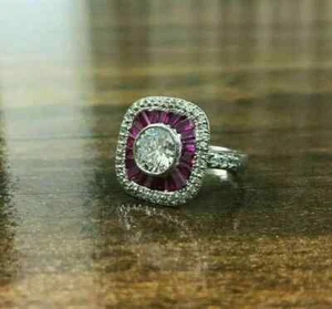 2Ct Lab Created Diamond & Ruby Women's Engagement Ring 14K White Gold Finish - Picture 1 of 6