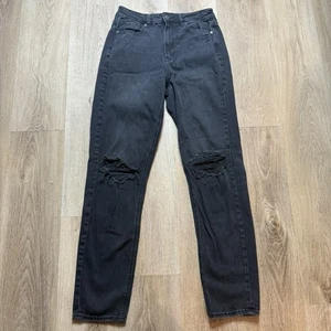 Pantalones de mezclilla American Eagle Mom rasgados hasta la rodilla desgastados negros lavados talla 6 largos - Imagen 1 de 9