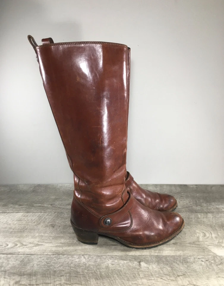 Women’s Frye #76570 Western Brown Leather Knee-High Riding Stacked Heel Boots 9 - Image 1 of 4