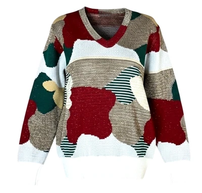 Vintage 70s Glittery Lurex Jumper Red Green Gold on Cream By Femi Italy 8 10 - Image 1 of 4