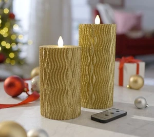 Home Reflections Set of 2 Flameless Swirled Glitter Pillars w/Boxes in Gold - Picture 1 of 5