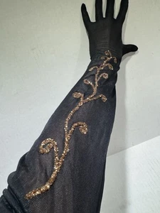 Vintage Black Mesh Opera Gloves w/ Bronze Sequin Scroll – 23” Long Glam - Picture 1 of 11