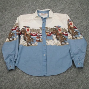Vintage Looney Tunes Shirt Womans XS Blue White Western Rodeo Karman Print 90s - Picture 1 of 17