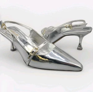 LARROUDE Ines sz 9 silver mirror leather Pointed Toe Slingback heel Pumps shoes - Picture 1 of 12