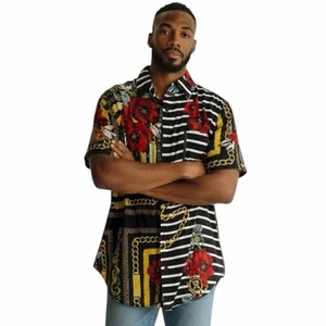 REASON Mens Button Up Shirt Large Maximalist Floral Chain Eclectic Unique Resort - Picture 1 of 9