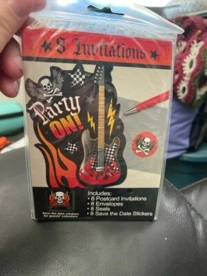 Party On Rock & Roll Invitations Skull - Rock Star Birthday Metal - 8 cards New! - Image 1 of 2