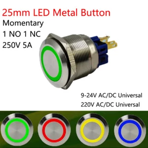 AC/DC 9V-24V AC/DC 220V ON/OFF Metal Button Switch LED 25mm Momentary 250V 5A - Picture 1 of 6
