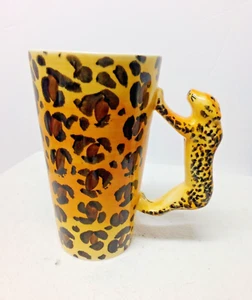 Vintage Keramik Gepard Griff Kaffee Tee Tassen Becher gelb/schwarze Punkte 6" hoch - Bild 1 von 11