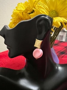 BEAUTIFUL PINK STONE EARRINGS COVERED WITH 18K GOLD FROM BRAZIL - Picture 1 of 2