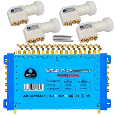 Digital Multischalter 17/12 SAT Multiswitch Verteiler + 4 Sat HB LNB Full 3D 4K - Bild 1 von 4