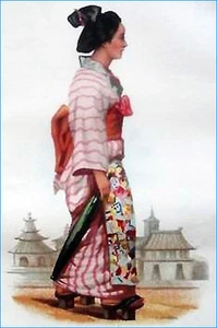 JAPAN: FRAU in YOKOHAMA STADT im 19. Jahrhundert - Farbstich vom 19. Jh. - Bild 1 von 2