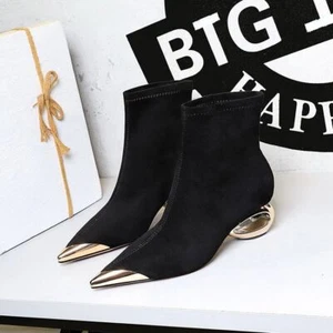 Mujeres Moda Gamuza Metal Punta Punta Punta Punta Recorte Tacón Medio Botines Zapatos Nuevos sin Etiquetas - Imagen 1 de 14