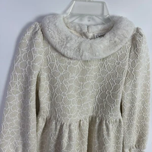 Janie & Jack Girls Dress Size 12 Jacquard Ivory/Gold Faux Fur Collar Long Sleeve - Picture 1 of 8