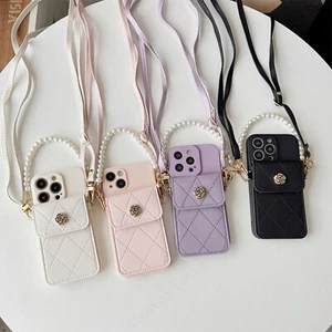For iPhone 17/16/15/14/13 Crossbody Wallet Case Pearl Strap Phone Cover Card Bag - Picture 1 of 18