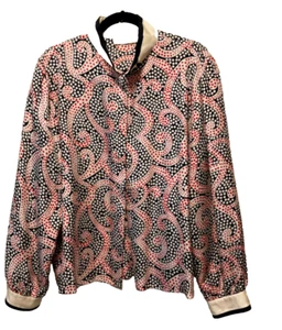 Frank Young 100% Silk  Button Blouse Red Navy White Polka Dot Swirl size 12 - Picture 1 of 2