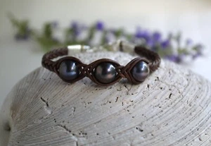 Freshwater Pearl Leather Bracelet Three Pearls Bracelet Elegant Pearl Jewelry - Picture 1 of 14