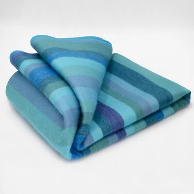 SOFT&WARM STRIPED ALPACA WOOL BLANKET  96" x 68" STRIPED TURQUOISE  OCEAN HUES - Image 1 of 4
