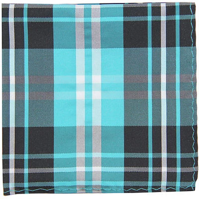 New men's polyester woven plaid hankie pocket square black turquoise white party - Image 1 of 2