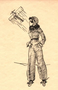 Pen &Ink Sketch Flapper Girl & Flying Airplane on Greeting Card Renata & Foote - Bild 1 von 3