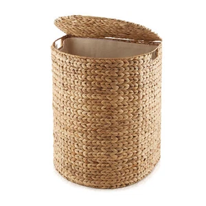 Half Moon Laundry Hamper Clothes Basket w Lid & Liner, Natural Wicker Hyacinth - Picture 1 of 1