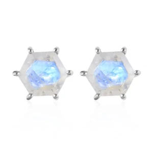 Stud Earring Pair Natural Rainbow Moonstone Hexagon Shape 925 Sterling Silver - Picture 1 of 4