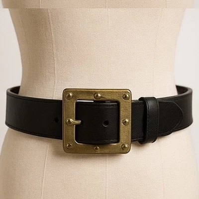 黑色皮革腰带男式女式方形黄铜扣小号 30 32 英寸腰围 — 第 1/4 张图片