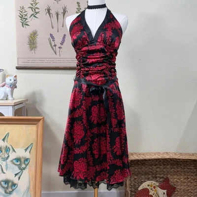 Sexy Vestido Halter Floral Encaje Satinado Años 90 Y2k Romántico Gótico Capricho 7 Foto 1 de 4