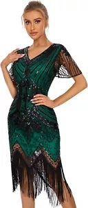 Jicagom Roaring 20's Flapper Great Gatsby Green w/Black Beads & Sequins Dress S - Picture 1 of 4