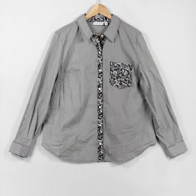 Camisa Susan Graver Abotonada Para Mujer 14 Gris Blanco Rayas Floral Borde Bolsillo Foto 1 de 4