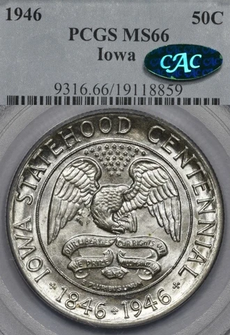 1946 50C PCGS MS66 CAC Iowa Classic Commemorative Half Dollar Cover
