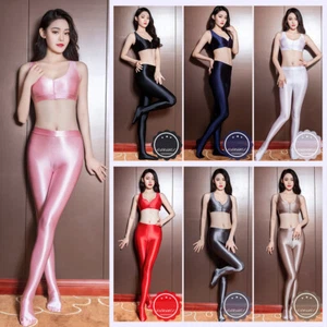 Women Sexy Shiny Glossy Opaque Pantyhose Stockings + Bra Top Sports Yoga Tights - Picture 1 of 26